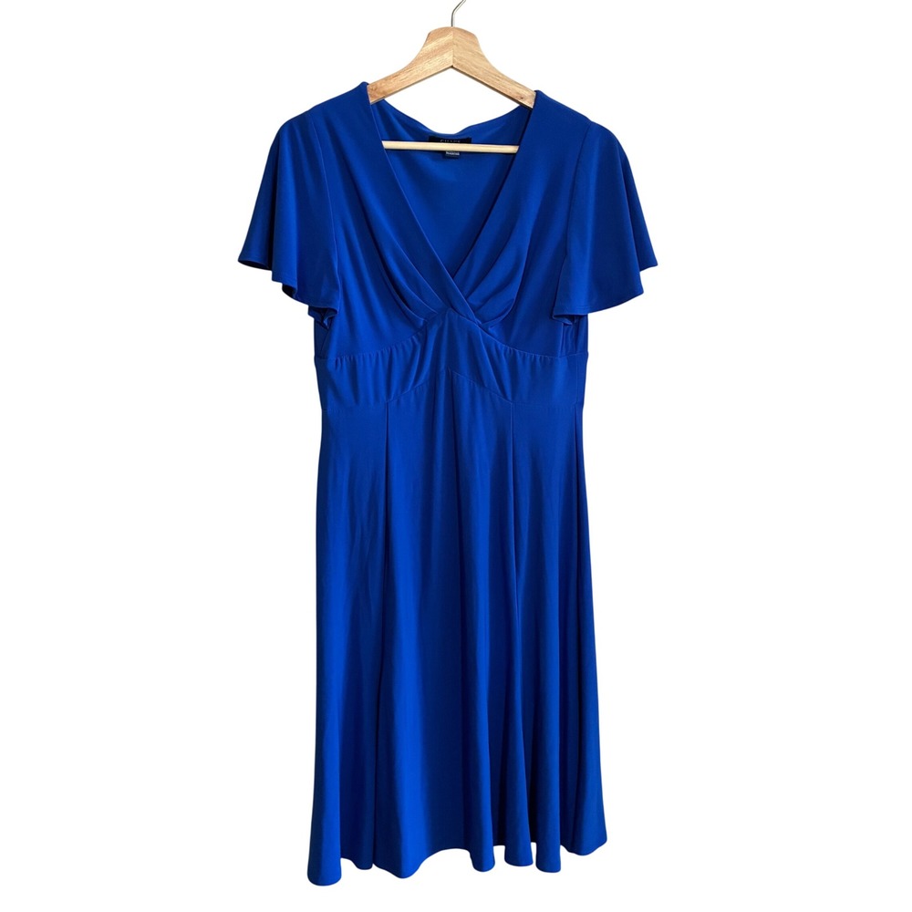 Chaps Flutter Sleeve Empire Waist Dress Medium Royal Blue Women Stretch Jersey